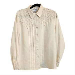 Vintage Bob Mackie Womens Cream Off- white 100% Linen Lace Blouse – Size 10